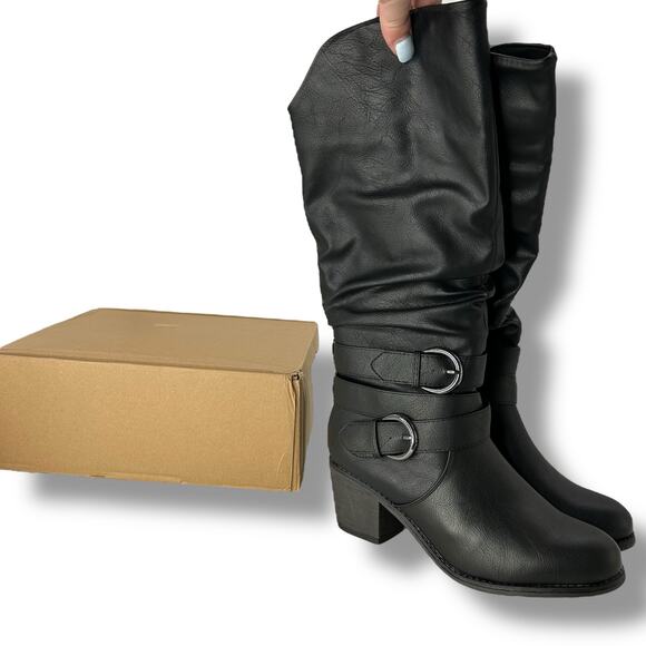 NEW Macy's Knee High Moto Boots Size 6.5 Black Ruched Buckle Tall Riding Biker - Picture 1 of 8